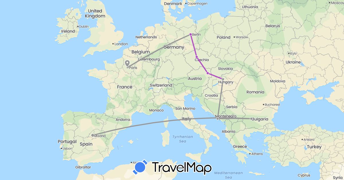 TravelMap itinerary: plane, train in Austria, Bulgaria, Czech Republic, Germany, Spain, France, Croatia, Hungary (Europe)